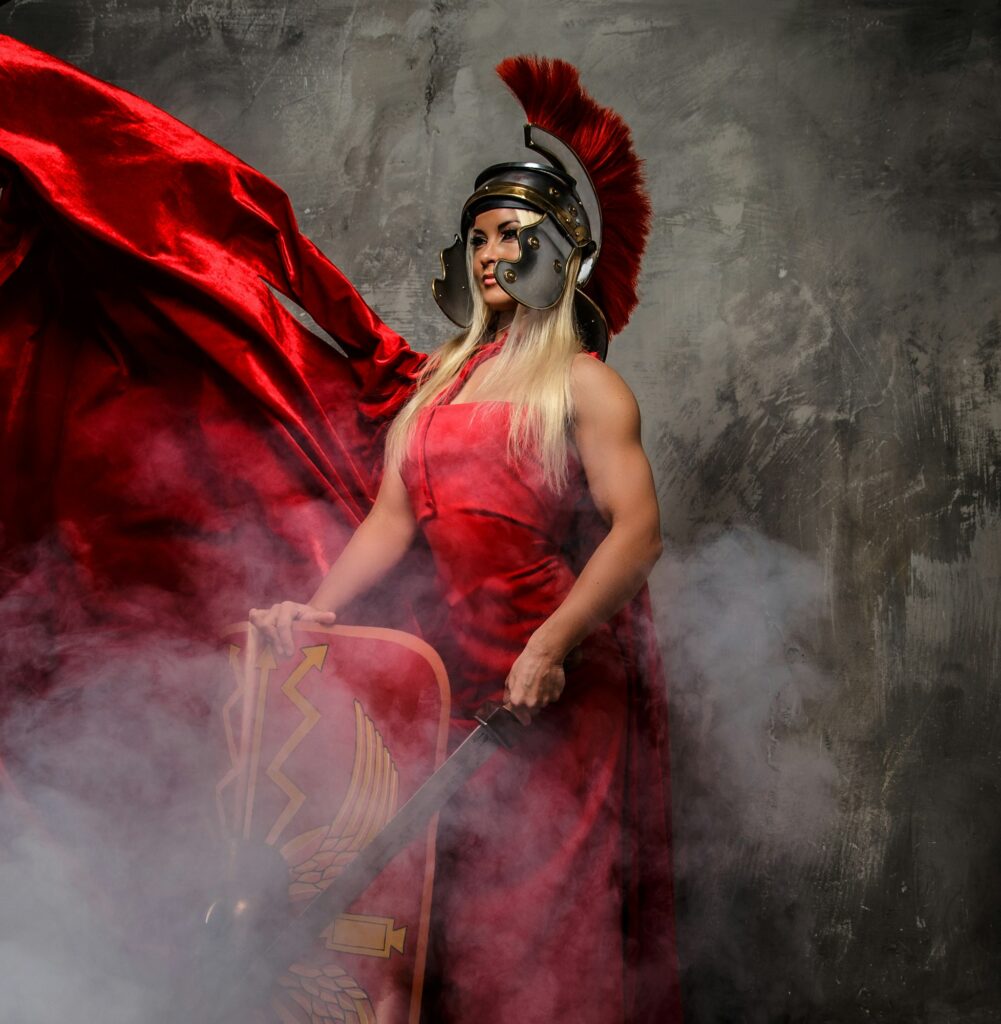 Woman in red fluttering dress.